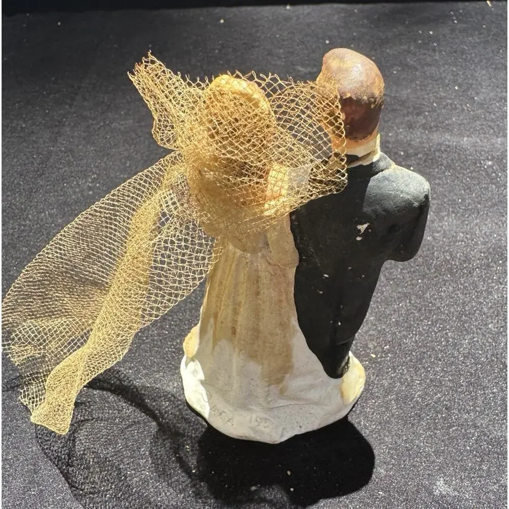 Vintage 1930’s Chalk-ware Bride And Groom Wedding Cake Topper Needs TLC -A56
